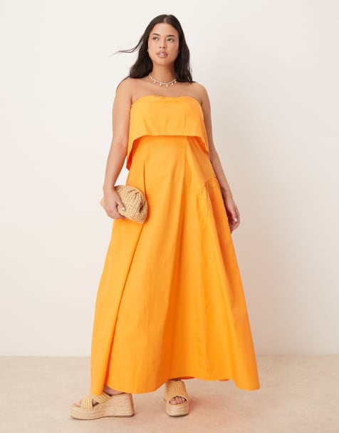 ASOS DESIGN Curve fold over bandeau midi dress with godets in orange - view 1