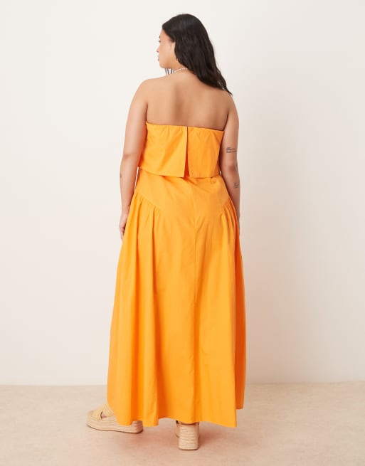 ASOS DESIGN Curve fold over bandeau midi dress with godets in orange