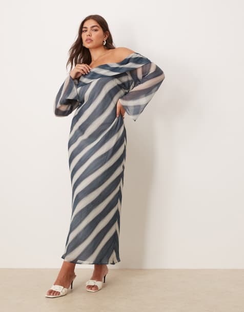ASOS DESIGN Curve fold over bardot midi dress in blue stripe - view 1