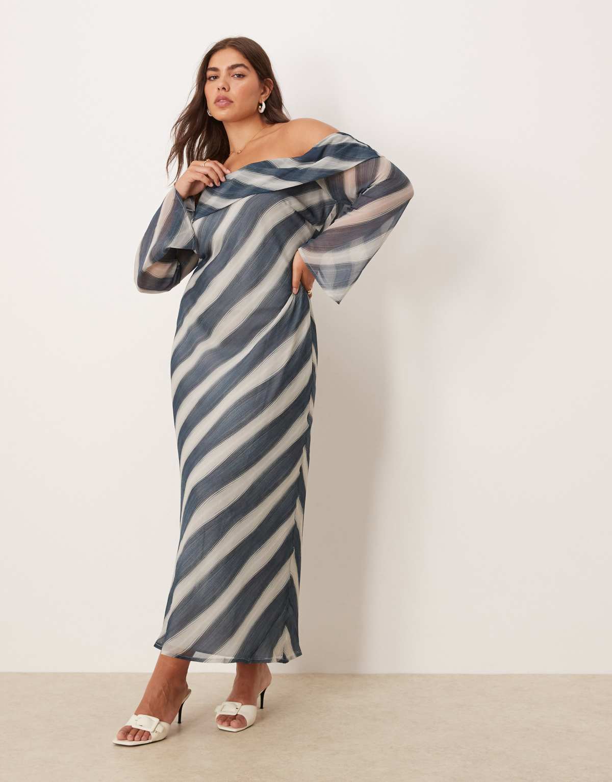 ASOS DESIGN Curve fold over bardot midi dress in blue stripe