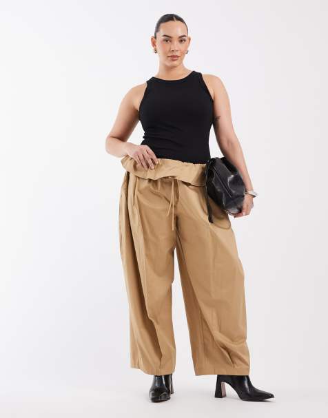 ASOS DESIGN Curve foldover waist detail trousers in camel - view 1