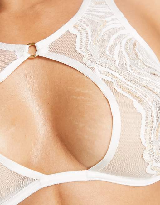 ASOS DESIGN Curve - För bruden - Vit metallisk behå i marmorerat mönster med hög halsringning, 3 av 4