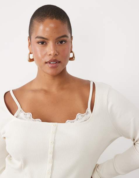 ASOS DESIGN Curve formande ribbad topp med knäppning fram och spetsunderlager i cream - view 1