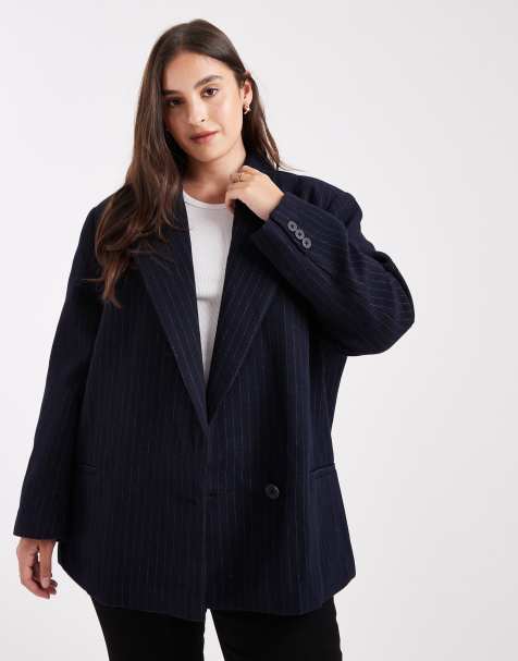 ASOS DESIGN Curve – Formeller Blazer aus Wollmix in Marineblau mit Nadelstreifen - view 1
