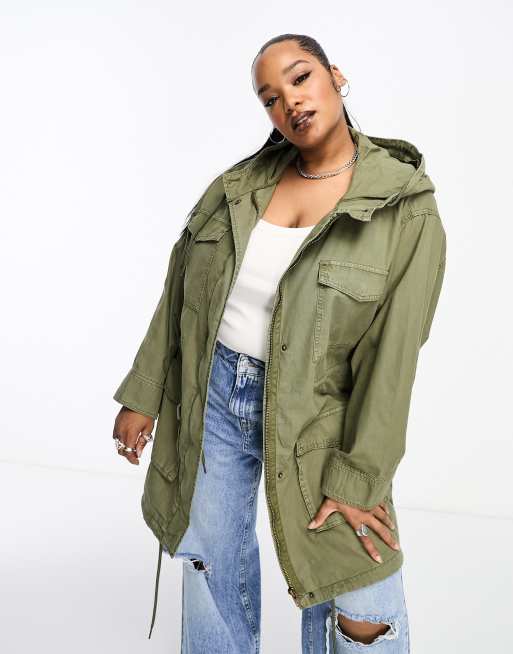 ASOS DESIGN Curve four pocket utility parka jacket in khaki | ASOS