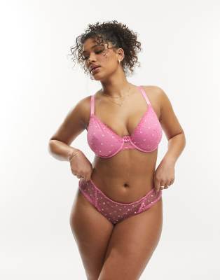 ASOS DESIGN Curve – Francine – BH in Rosa mit tiefem Dekolleté, aufgestickten Punkten und Schleifen