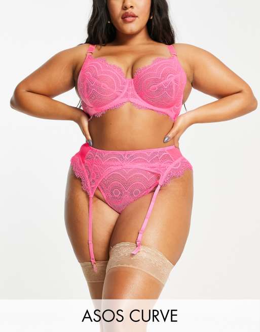 ASOS DESIGN Curve – Frankie – Neonrosa strumpebandshållare i spets