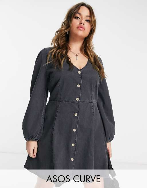 ASOS DESIGN Curve – Freizeitkleid aus weichem Denim mit langen Puffärmeln