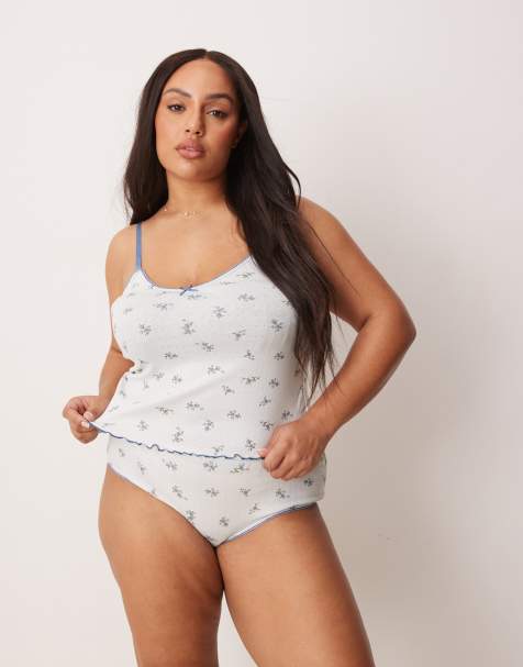 ASOS DESIGN Curve – Freya – Blått, småmönstrat set i pointellestickning med linne och trosor - view 1