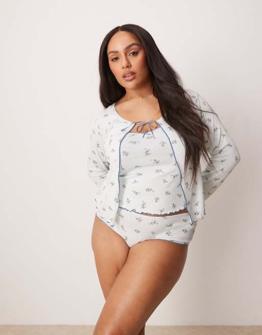 ASOS DESIGN Curve – Freya – Kardigan z dzianiny pointelle w drobny niebieski kwiatowy wzór