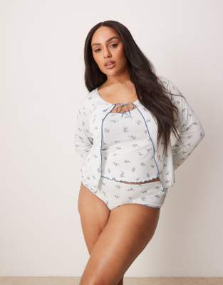 ASOS Curve ASOS DESIGN Curve Freya pointelle cardi in blue ditsy print