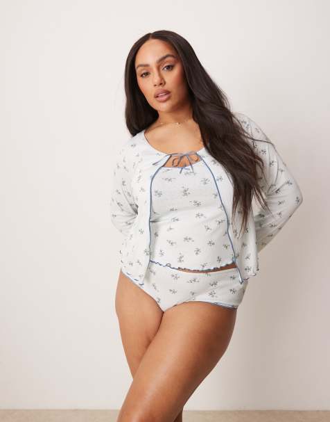 ASOS DESIGN Curve Freya pointelle pajama cardigan in blue floral print - view 1