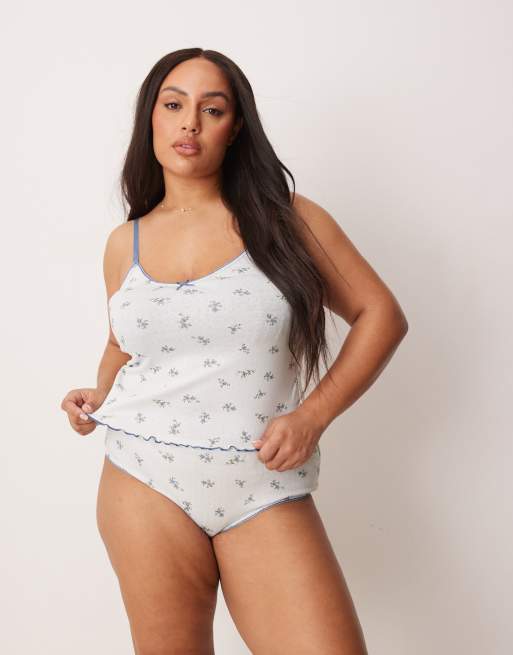 ASOS DESIGN Curve – Freya – Zestaw z dzianiny pointelle z topem na ramiączkach i figami w drobny niebieski kwiatowy wzór