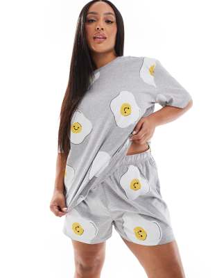 ASOS DESIGN Curve fried egg oversized tee 
short pajama set in gray heather