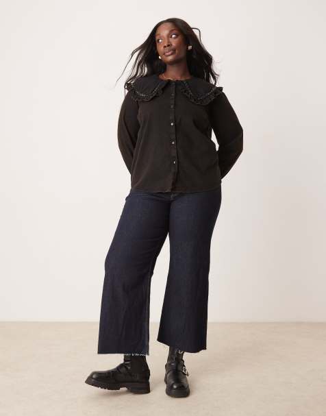 ASOS DESIGN curve frill collar shirt in washed twill - view 1