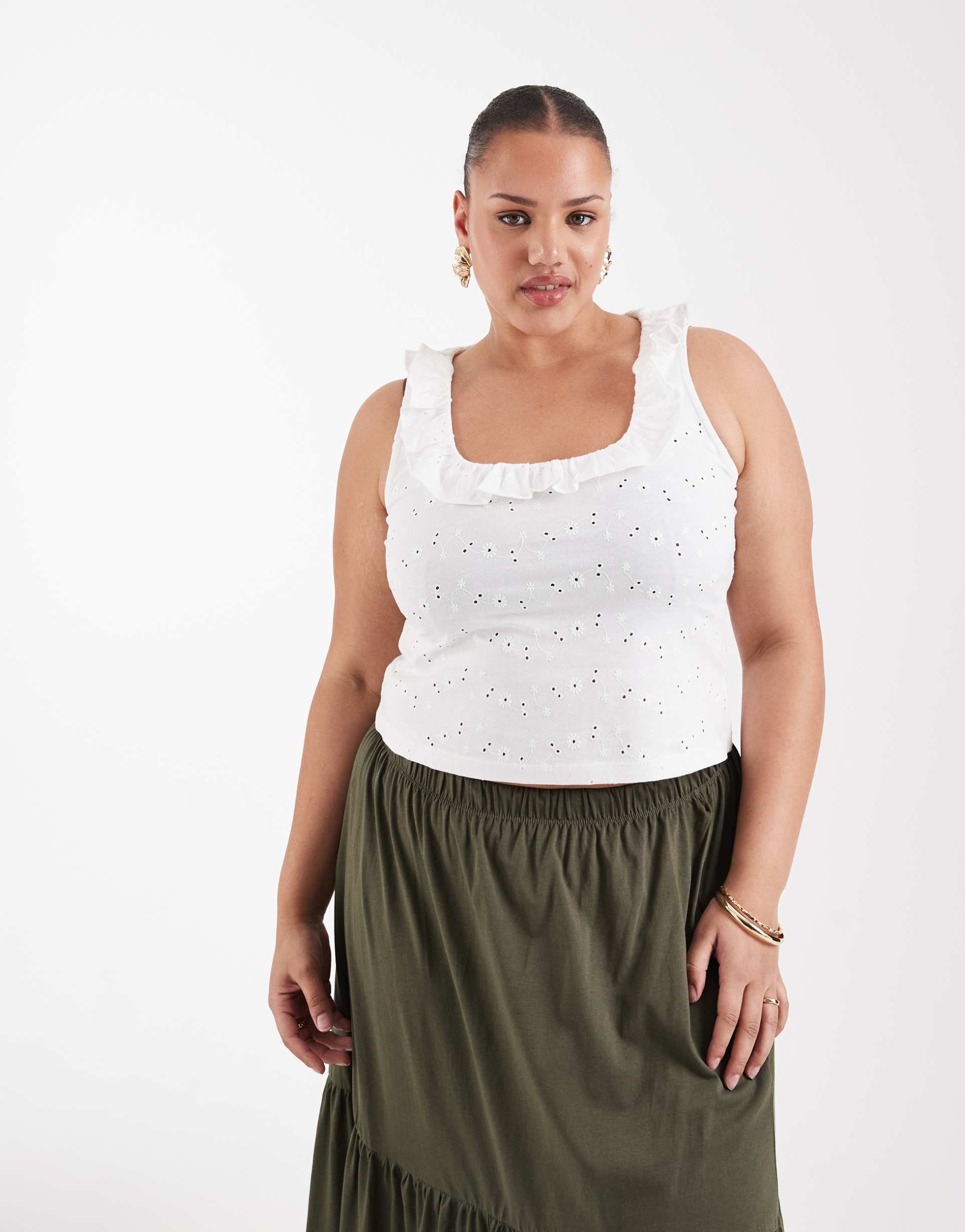 asos design curve frill detail scoop neck broderie tank top in white
