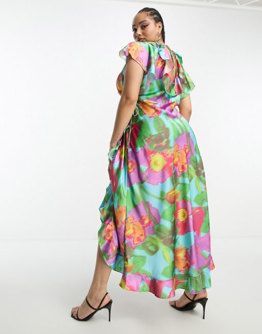 ASOS DESIGN frill detail wrap maxi satin dress in large bold floral print