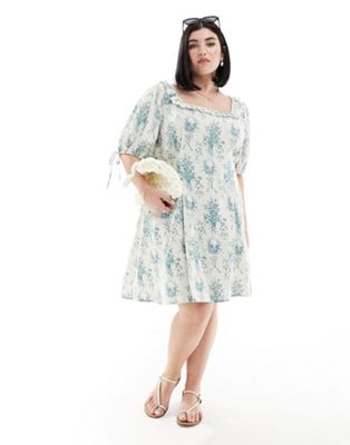 Asos Curve Asos Design Curve Frill Neck Puff Sleeve Mini Dress In Blue Floral Print-multi