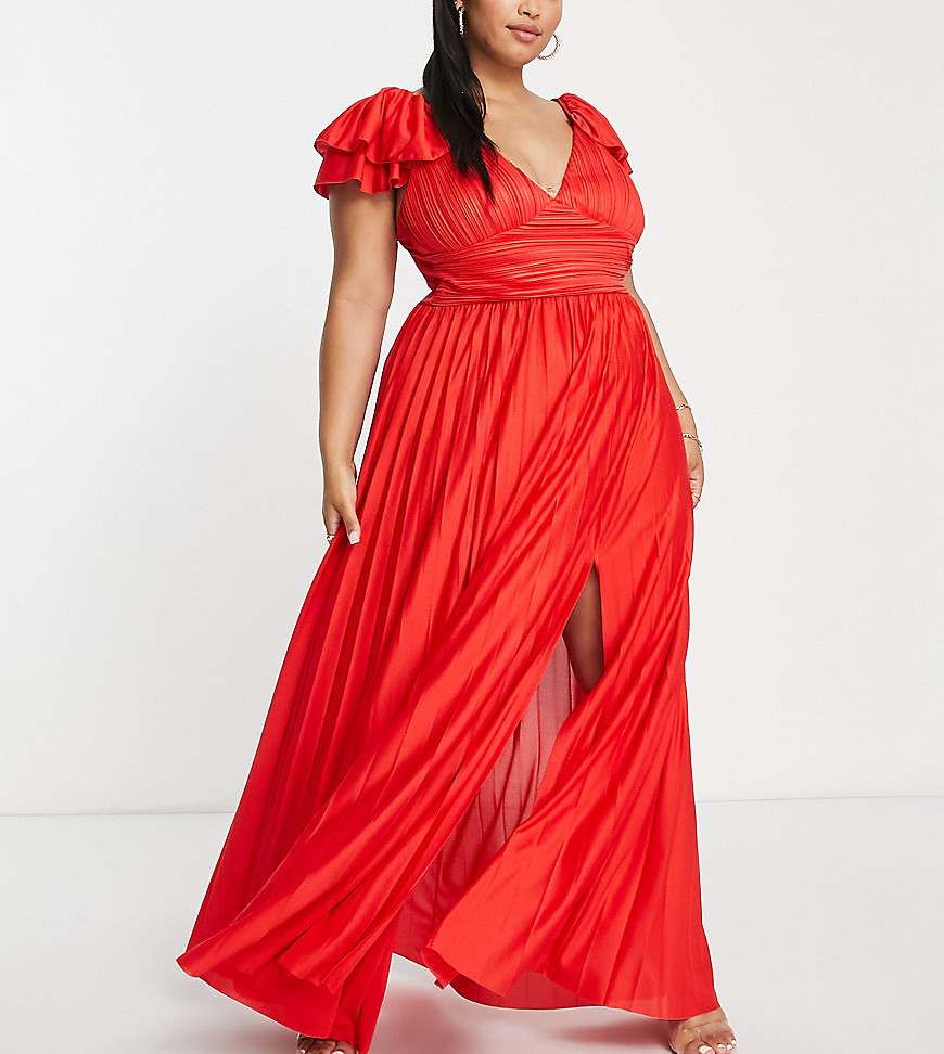 ASOS DESIGN Curve frill sleeve pleated maxi dress in red