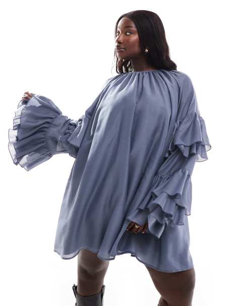 ASOS DESIGN Curve frill sleeve voile mini dress in in slate blue - view 1