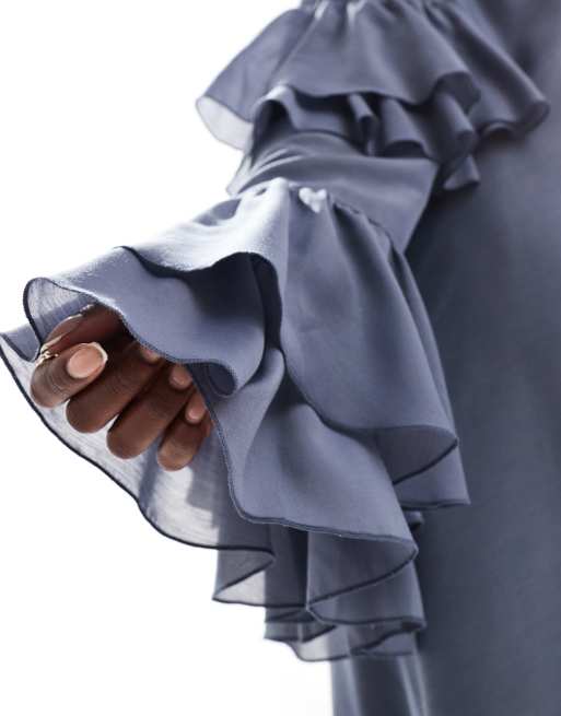 ASOS DESIGN Curve frill sleeve voile mini dress in in slate blue, 3 of 4