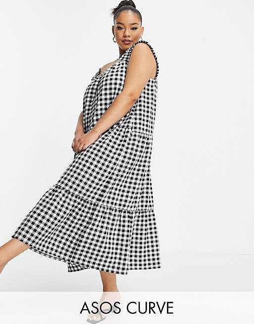 Women Curve frill strap tiered midi dress in black and white gingham print with matching hair scrunchie 