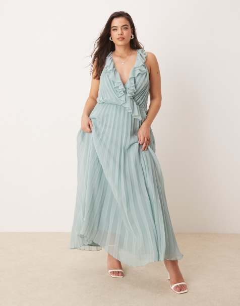 ASOS DESIGN Curve frill wrap detail pleated midi dress in sage green - view 1