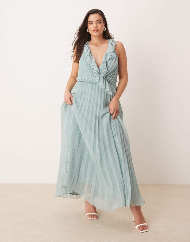 asos green pleated midi dress DESIGN Curve frill wrap detail in sage model-aminah