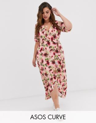 asos design wrap maxi dress with frills in red floral print