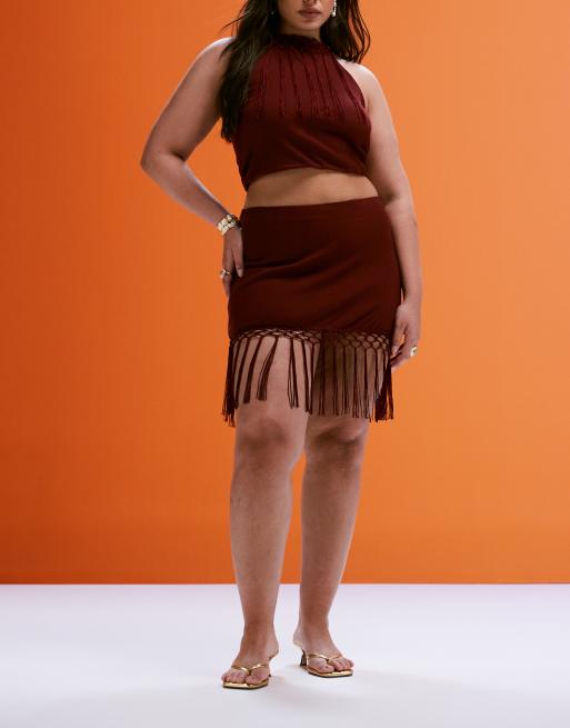 ASOS DESIGN Curve fringed hem mini skirt in rust - part of a set, 5 of 5