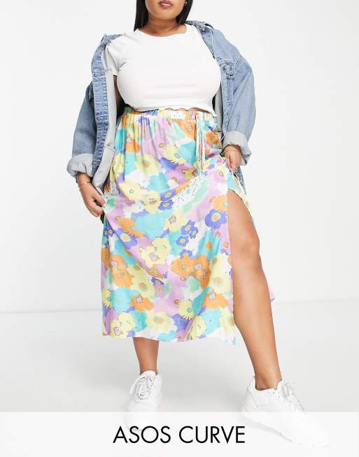 ASOS DESIGN Curve full midi skirt with elastic waist in white base bright floral print