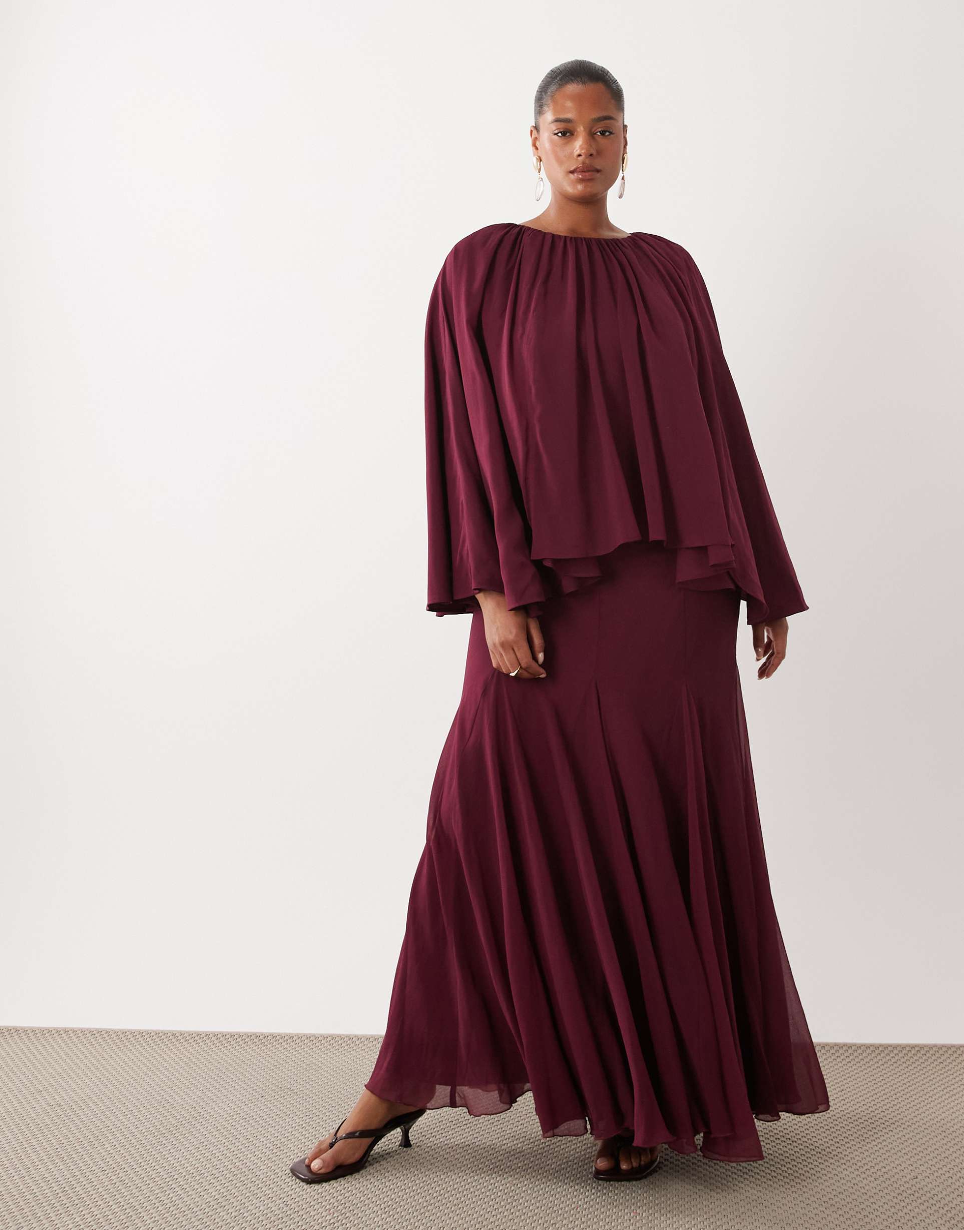 asos design curve full volume cape maxi dress with godets in berry