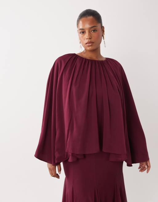 ASOS DESIGN Curve full volume cape maxi dress with godets in berry, 2 of 4