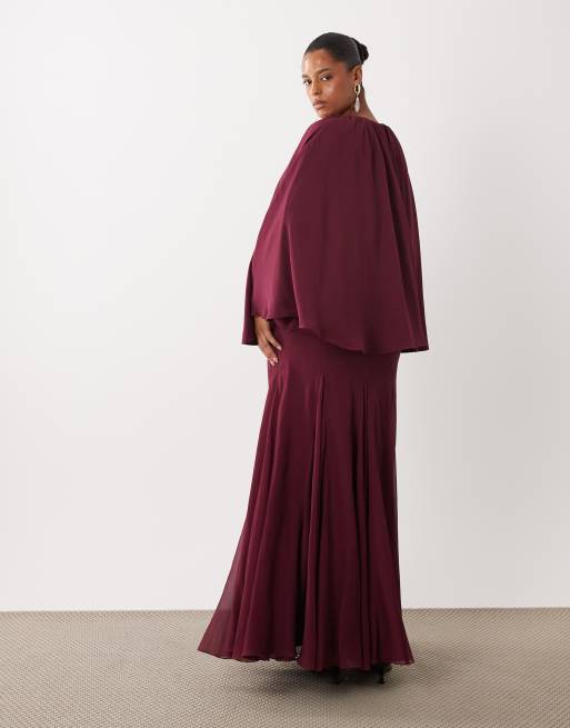 ASOS DESIGN Curve full volume cape maxi dress with godets in berry, 4 of 4