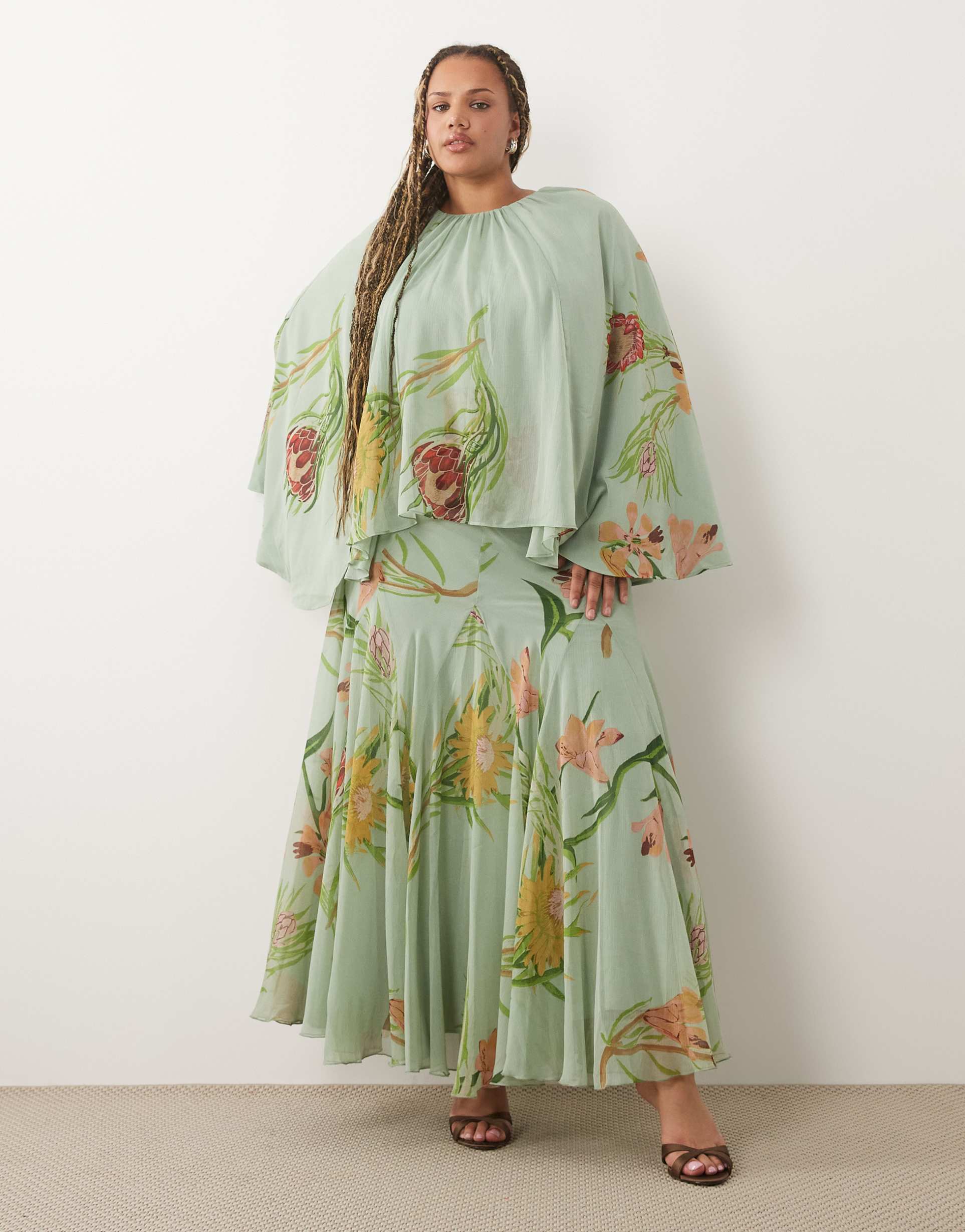 asos design curve full volume cape maxi dress with godets in multi