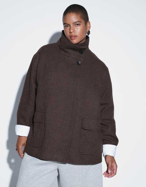 ASOS DESIGN Curve funnel harrington formal jacket in brown check, 2 of 8