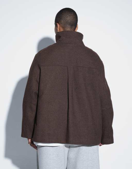 ASOS DESIGN Curve funnel harrington formal jacket in brown check, 4 of 8