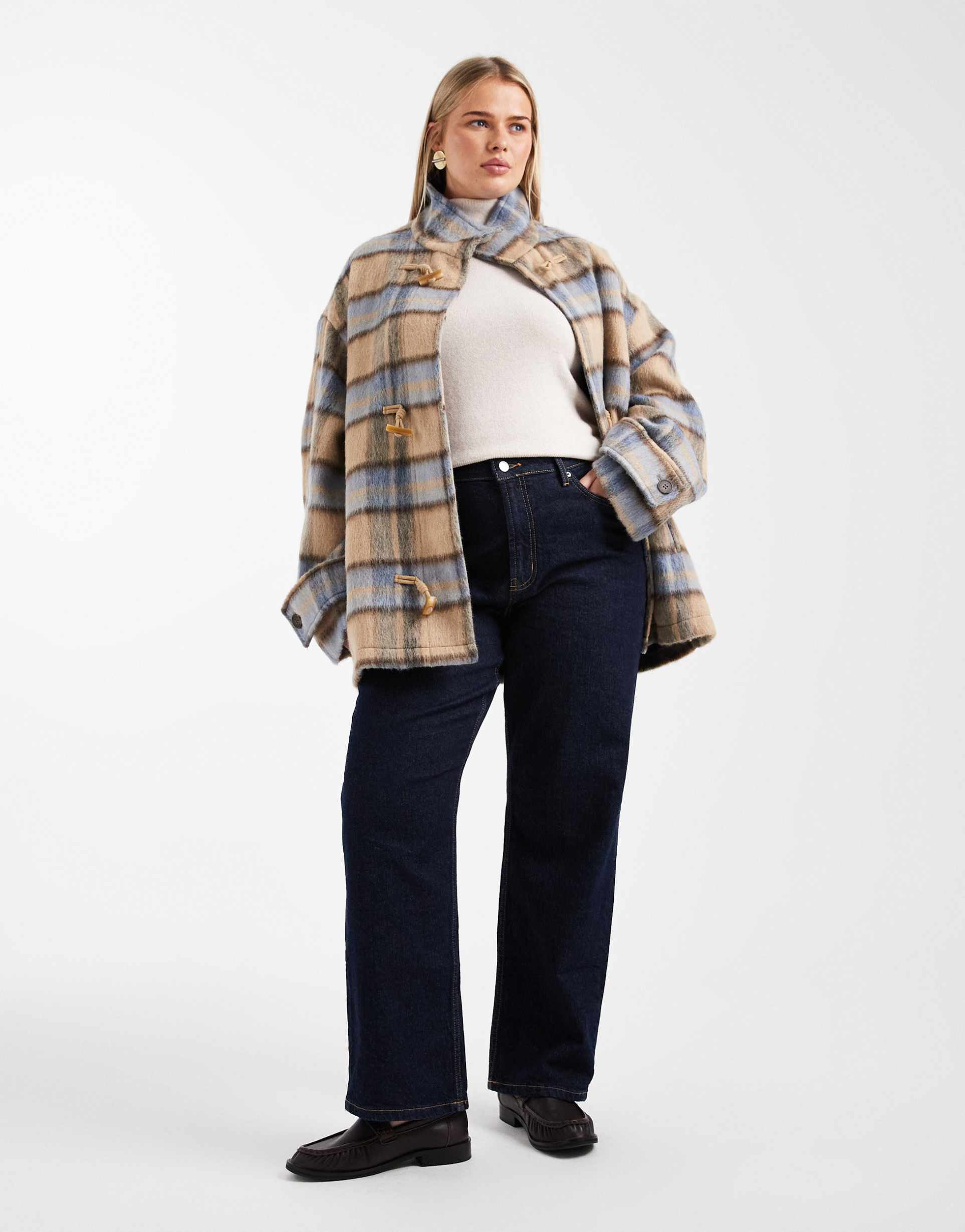 asos design curve funnel neck car coat with wool and toggle detail in heritage plaid
