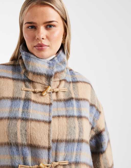 ASOS DESIGN Curve funnel neck car coat with wool and toggle detail in heritage plaid, 3 of 4