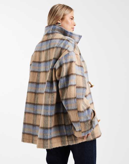 ASOS DESIGN Curve funnel neck car coat with wool and toggle detail in heritage plaid, 4 of 4