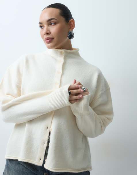 ASOS DESIGN Curve funnel neck concealed placket relaxed cardigan in cream - view 1
