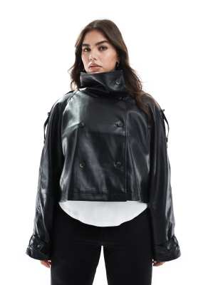 Asos Curve Asos Design Curve Funnel Neck Leather Look Short Trench Coat In Black