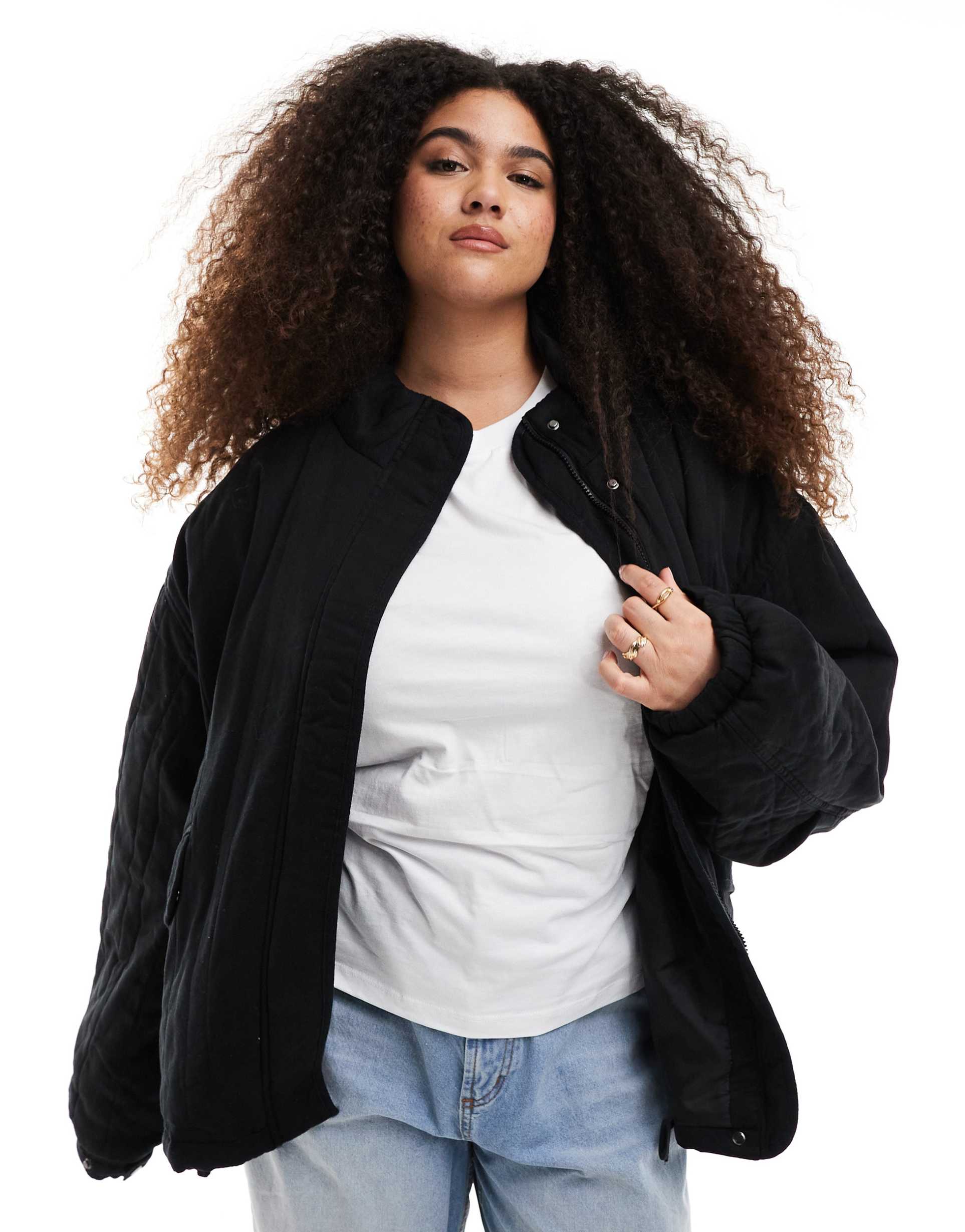 asos design curve funnel neck quilted jacket in black