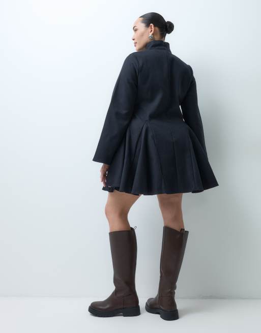 ASOS DESIGN Curve funnel neck tailored godet mini dress in black, 3 of 5