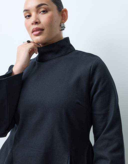 ASOS DESIGN Curve funnel neck tailored godet mini dress in black, 5 of 5