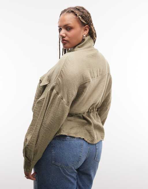 ASOS DESIGN Curve funnel neck textured drawstring waist shacket in green, 2 of 4