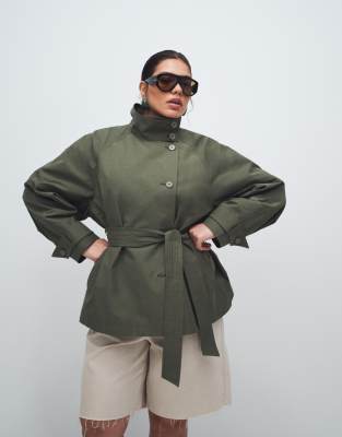 Asos Curve Asos Design Curve Funnel Neck Tie Belt Trench Coat In Green