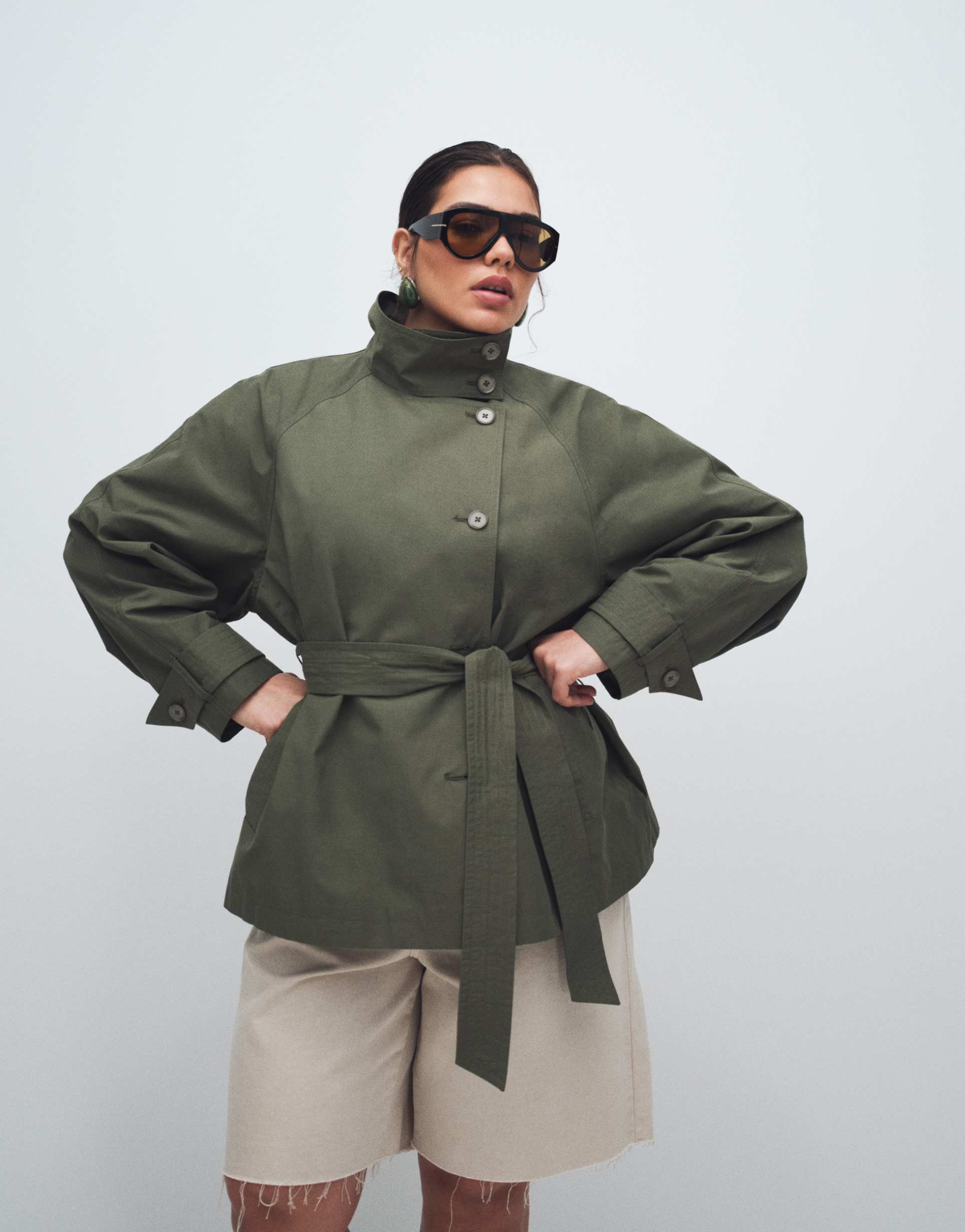 asos design curve funnel neck tie belt trench coat in khaki