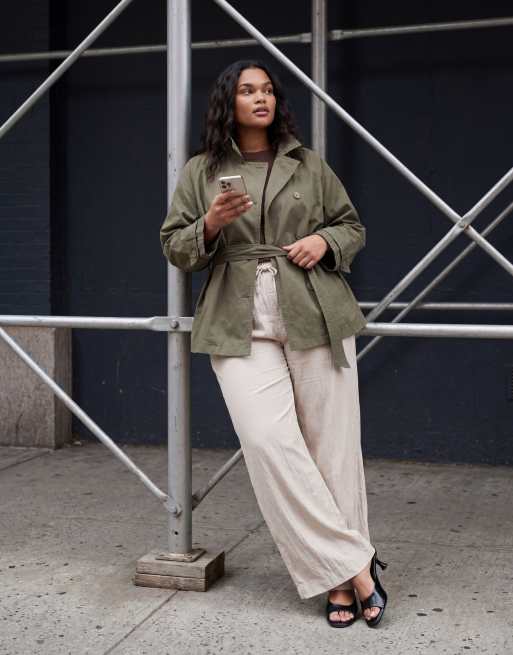 ASOS DESIGN Curve funnel neck tie belt trench coat in Khaki, 11 of 11