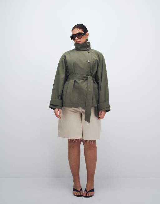 ASOS DESIGN Curve funnel neck tie belt trench coat in Khaki, 2 of 11